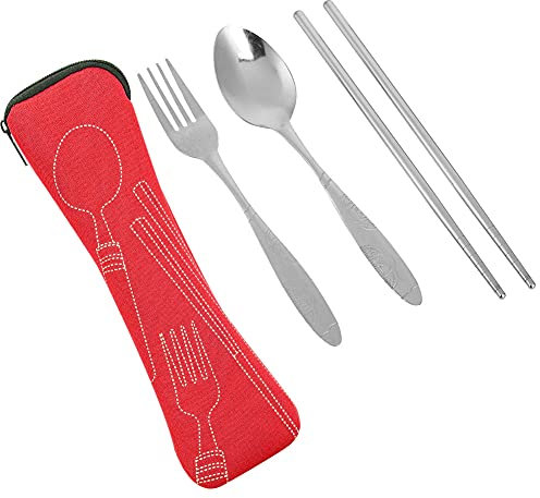 Fourchette à Baguettes, Ensemble D'ustensiles de Camping en Acier Inoxydable, Ensemble de Couverts de Voyage avec Sac de Rangement pour Le Camping (Rouge)