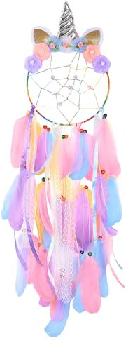 MHJY Einhorn Traumfänger Mädchen Großer Dreamcatcher Kinder Schlafzimmer Zubehör Handgemacht Bunte Federn Blumen Wandbehang Dekoration Kinderzimmer Geburtstagsgeschenk Junge