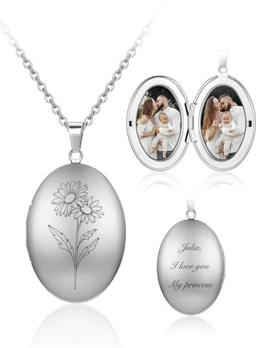 Jovivi Personalisierte Kette Foto Medaillon mit personalisiert Foto Text Geburtstagsblume Rund Medaillon zum Öffnen Bilder Photo Amulett Anhänger für Männer/Frauen Schmuck