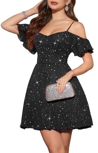 Meetjen Damen Sparkly Off Shoulder Ballkleid 2025 A-Linie Tüll Spaghettiträger Kurze Cocktailkleider