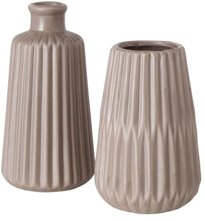 Handgearbeitete Steingut Blumenvasen im 2er-Set – Taupe, matt | Wasserdichte Tischdekoration für Blumen & Gräser – moderne Riffeloptik für Esszimmer, Wohnzimmer, Hochzeiten – Seaside No.64
