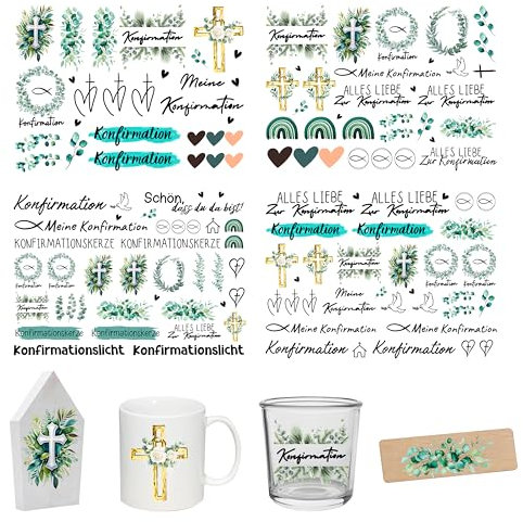 FloraVigo Rub On Sticker ca.A5 19x14cm-Spruch Deko zum Geburtstag, Keraflott, Hochzeit, Zuhause, Wischfolie für Möbel, Glas, Holz, Fotoalbum, DIY Deko, Aufkleberästhetik(4PCS) (KONFIRMATION)