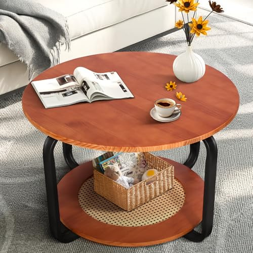 YGYQZ Couchtisch Rund, Holz Couchtisch Massivholz Wohnzimmertisch Beistelltisch Rund 2 Etagen mit Rattan Aufbewahrungsschrank mit Metallrahmen Für Wohnzimmer Helle Walnuss 76×76×49 cm