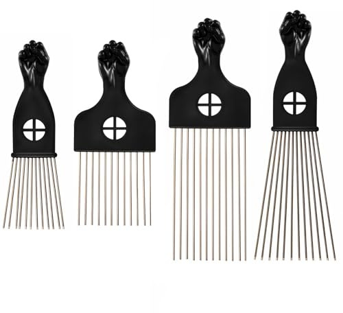 Lot de 4 peignes afro à boucles - Petit peigne à cheveux afro - En acier inoxydable - Peigne à dents larges - Pour cheveux naturels - Pour coiffeur