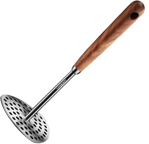 304 Stainless Steel Potato Masher with Ergonomic Wooden Handle，Multi-Purpose Kitchen Tool for Baby Food Puree, Sweet Potato, Vegetables，Rust-Proof, Non-Slip，Easy Clean，Manual Food Press for Cooking