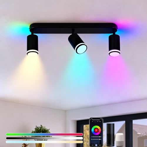 DTSDWA Smart Deckenstrahler RGB Dimmbar, LED Deckenspot 3 Flammig Kompatibel mit Alexa Google Assistant, Schwenkbar Deckenlampe mit APP Steuerung für Wohnzimmer Schlafzimmer Küche