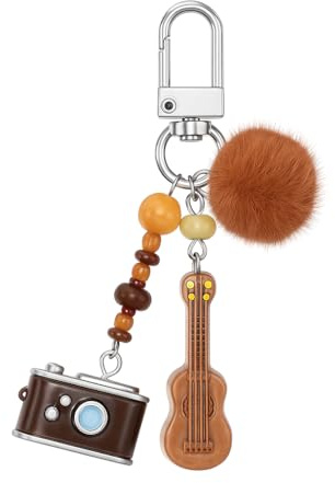 Porte-Clés Guitare, Porte-Clé Appareil Photo Breloque de Sac pour Femme | Cadeaux Porte-Cléf Musique avec un Design Caméra et Pompon pour Photographes, Musiciens & Âmes Créatives