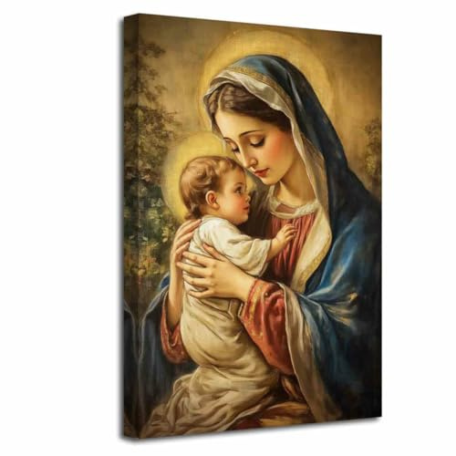 LZIMU Katholische Bilder Jungfrau Maria Mutter Maria mit dem Jesuskind Gemälde Madonna Leinwanddruck Christliche religiöse Vintage Kunstwerke Wohnzimmer Dekor (Gelb, (45L x 30B cm))