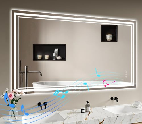 Badspiegel-mit-Beleuchtung 140x70 - LED Badezimmerspiegel mit Bluetooth - Badezimmer Spiegel mit Beleuchtung, Beschlagfrei, Dimmbar, 3 Lichtfarben, Wandspiegel Led-Spiegel-Bad Horizontal/Vertikal