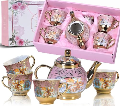 5Pcs Tea Cup Set, Porcelain Teapot Set and Coffee Cups, Vintage European Ceramic Tea Coffee Service Set, Elegant Gift for Kisd Gift, Women, Party, Afternoon Tea, (90ML Cups, 240ml Teapot), Pink