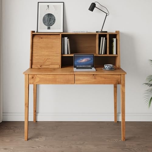 IDIMEX Schreibtisch Alisa mit 2 Schubladen & Rollladen aus Massivholz, Eiche Finish - Schreibtisch aus Kiefernholz, Massivholz Schreibtisch mit Stauraum, ideal für Homeoffice und Arbeitszimmer