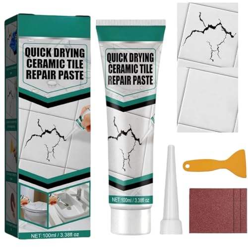 100ML Ceramic Tile&Porcelain Repair Kit - Ceramic Tile Repair Paste for Small Holes, Cracks, Scratches - Crack Hole Scratches Restore Paste - White Sink and Bath Filler Kit with Sandpaper and Scraper