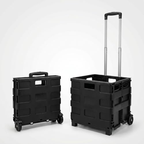 Heavy Duty Foldable Shopping Trolley on Wheels, Collapsible Folding Trolley Box Cart with Adjustable Handle, Portable Shopping Crate Wagon for Grocery, Camping, Boot Storage & Travel