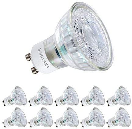 Sanlumia Bombillas LED GU10, 5W = 50W Halógena, 435Lm, Blanco Cálido (3000K), 100° ángulo de haz,Iluminación de Techo para Cocina, Oficina, o Baño, Paquete de 10
