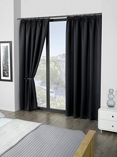 RAYYAN LINEN Thermal Pencil Pleat Blackout Tape Top Pair of Curtains With Free Tiebacks (66 X 72, Black)