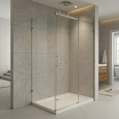 Durovin Bathrooms 1000 x 1000mm L Shape Square Frameless Shower Enclosure - Sliding Door - 8mm Safety Clear Glass with Acrylic Shower Tray
