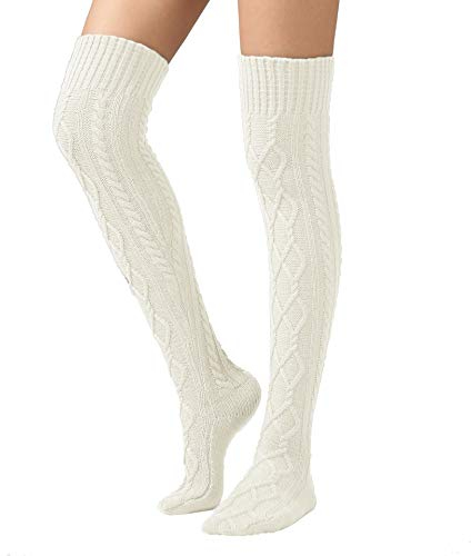 SherryDC Damen zopfmuster schenkel-hohe stiefel socken extra lange winter strümpfe stulpen einheitsgröße weiß