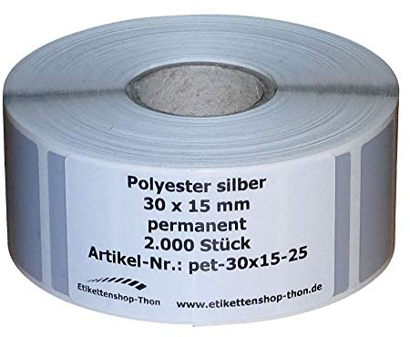 Typenschilder/Polyester Etiketten - 30 x 15 mm - 2.000 Stück - silber - Hülse 25 mm