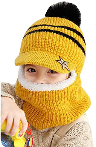 YONKOUNY Kinder Wintermütze Jungen Mädchen Warm Niedlich Strickmütze Schalmütze Schlupfmütze Beanie Mütze mit Fleecefutter (Gelb)