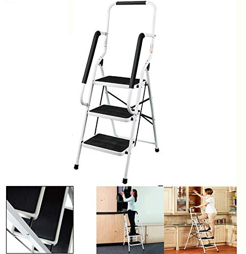 Autofather Stehleiter Stahl Trittleiter 3 Stufen Leiter mit Geländer Stepladder Tritthocker Faltbarer Haushaltsleiter, Sicher und Kompakt