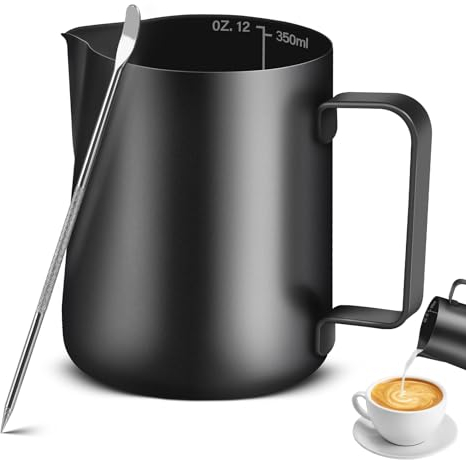 Barista Coffee Jug - Black Metal Milk Pitcher for Latte Art, Espresso, Cappuccino - 350 Ml (12 oz)