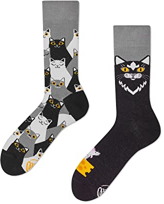 Many Mornings - Mismatched Socken - Lustige Socken Unisex - Katzen Socken - Geschenkidee - Design: Black Cat - Made in EU - 35-38