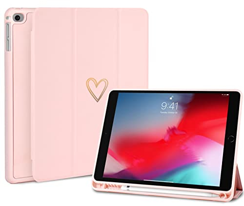 Fycyko Compatible con iPad de 9,7 pulgadas, iPad 6/5ª generación 2018/2017 funda con soporte para bolígrafo, mujeres y niñas, diseño de corazones, funda protectora para iPad de 9,7 pulgadas, rosa
