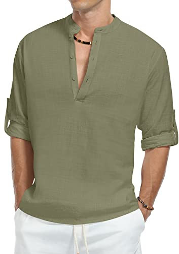 KUYIGO Mens Henley Neck Long Sleeve Daily Look Linen Shirts Medium Army Green