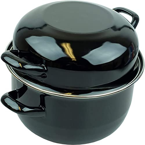 Mussel Pot 2L Mediterranean Stock Pot with Deep Dual-Purpose Lid | Induction Steamer Pot Stylish and Practical Black Non-Stick Soup Pot - Family Serving