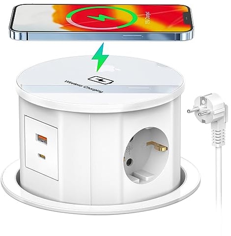 Versenkbare Steckdose USB C PD20W mit 15W Kabelloses Laden, 3 Fach Tischsteckdose Versenkbar mit USB, Einbausteckdose Versenkbar Steckdosenleiste Schreibtisch für Arbeitsplatte, 2M Kabel, 3680W/16A