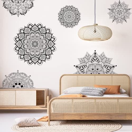 PLIGREAT 4 Bögen Großformat Schwarz Mandala Wandtattoo Vinyl Boho Blumen Wandbilder Aufkleber für Wohnzimmer Schlafzimmer Sofa Hintergrund Wanddeko Yoga Studio Büro WandKunst Dekor