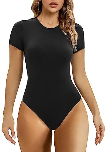 SHAPERX Body-Hugging Bodysuit for Women Short Sleeve High Stretch Leotard Top Thong Jumpsuit Crew Neck, UK-SZ5249-2-Black-M