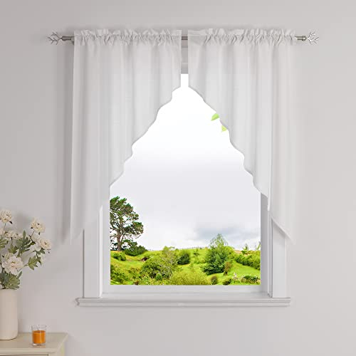HeichkelL Scheibengardinen Bogen Set 2-Teilige Kleinfenster Raffrollo mit Kräuselband Kurzstores Dreiecke für Küche Weiß HxB 120x125 cm (Jedes Stück)