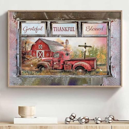 Bauernhaus Scheune Wandkunst Christliches Kreuz Leinwand Rote Scheune Poster Bauernhaus Windmühle Wandkunst Roter Traktor Bilder Landhausstil Gemälde Fensterblick Poster Rustikale Haus Bilder 40,6 x