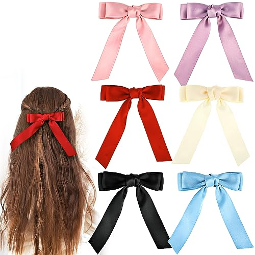 Ouligay 6 Stück Haarschleife Damen Haarschleifen mit Schleife Haare Schleifen Haarspangen Satin Schleife Haarspangen Haarklammer Hair Bow Clip für Damen Mädchen Hair Deko