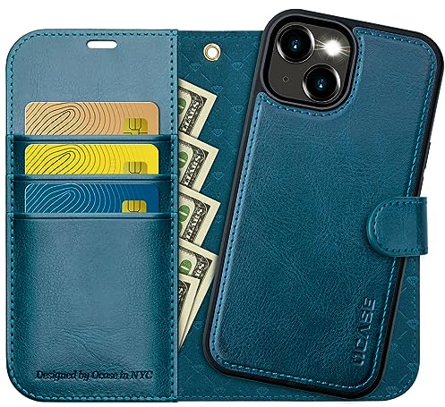 OCASE for iPhone 15 Detachable Case, Magnetic Removable 2 in 1 Flip PU Leather Wallet Case with[Kickstand][RFID Blocking][Card Holder] Shockproof Phone Cover,Peacock Blue