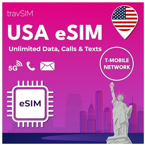 travSIM USA eSIM | T-Mobile Netz | Unbegrenzte Daten, Anrufe & Texte in den USA | e SIM Amerika funktioniert auf eSIM kompatiblen iOS & Android Geräten | e SIM Karte USA 10 Tage
