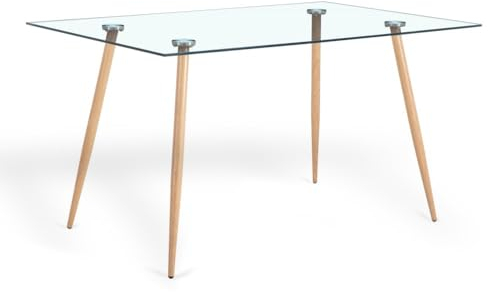 HABITMOBEL Mesa de Comedor Rectangular de 140cm Cristal Templado con Patas de Madera Maciza de Haya