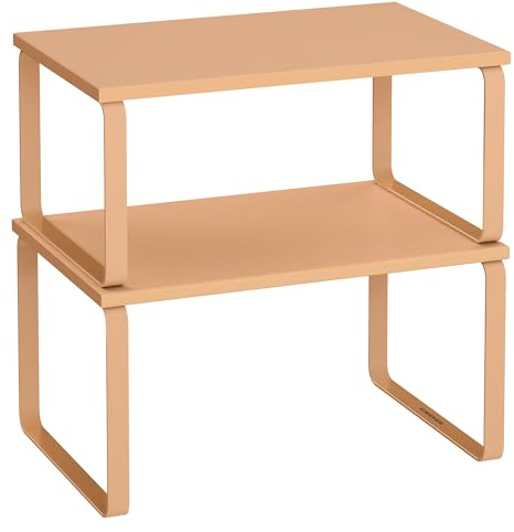 SONGMICS Estante para Especias, Juego de 2, Organizador de Armario, Estante de Almacenamiento de Cocina Extensible, Especiero de Metal y Madera de Ingeniería, Naranja Albaricoque KCS002Y01