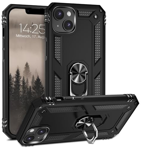 LBH Outdoor Hülle für Apple iPhone 15 Armor Militär Stoßfest Handyhülle 360 Grad Metal Ring Halter Ständer Schutzhülle für Handyhalterung Auto Magnet Schwarz