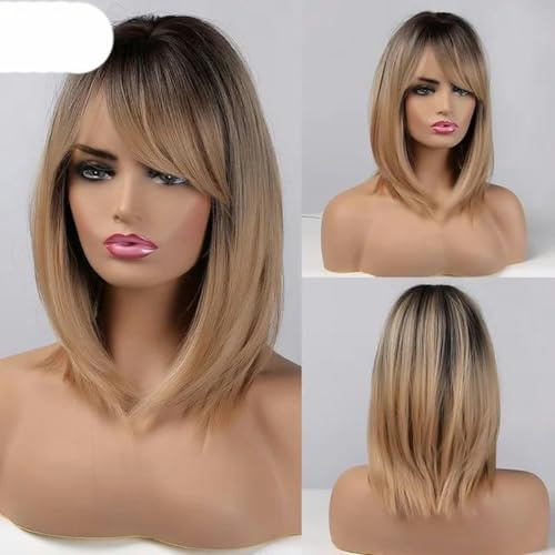Geschichtete synthetische Perücken mit Pony, glatte, kurze Strähnchen, blondes Haar, Perücke für Frauen, natürliche Alltags-Cosplay-Perücken-LC341-1-Modelllänge