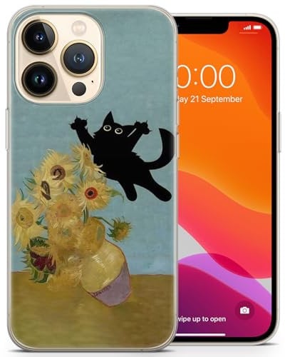 AIGAT Van Gogh Funny Cat Parody Meme TPU Silicon Case Cover for iPhone 16 15 14 13 12 11 Series Models - Clear Transparent Bumper Case - Design 2