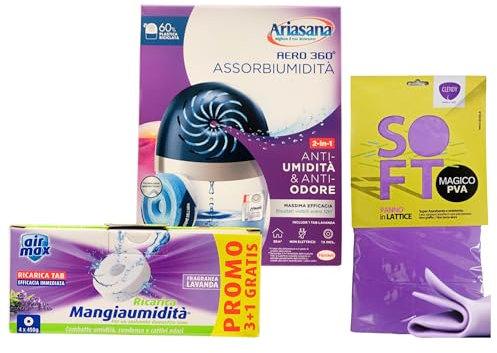 SET ASSORBIUMIDITÀ: Aero 360° Kit Assorbiumidità, Deumidificatore Ricaricabile Non Elettrico, 1 Dispositivo e 1 Ricarica Tab Lavanda Da 450g+ Ricarica Tab Lavanda 4x450gr+Panno In Lattice