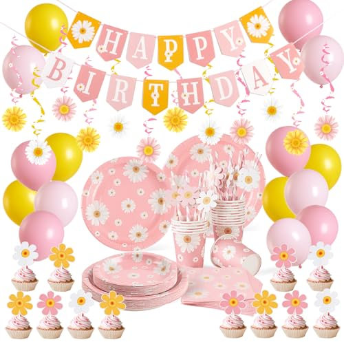 109Pcs Daisy Birthday Decoration Set Pink Daisy Themed Happy Birthday Banner Hanging Swirls Flower Party Tableware Paper Plate Cups Napkins Pink Yellow Balloons Cake Topper for Birthday Baby Shower