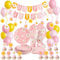 109Pcs Daisy Birthday Decoration Set Pink Daisy Themed Happy Birthday Banner Hanging Swirls Flower Party Tableware Paper Plate Cups Napkins Pink Yellow Balloons Cake Topper for Birthday Baby Shower