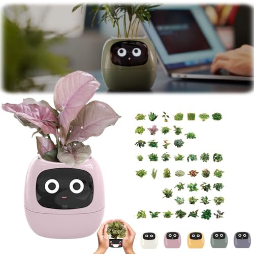 Yagerod Plantagotchi, Plantagotchi - Maceta inteligente Ai, maceta inteligente interactiva, maceta inteligente, recargable por USB, múltiples expresiones para sala de estar (rosa)