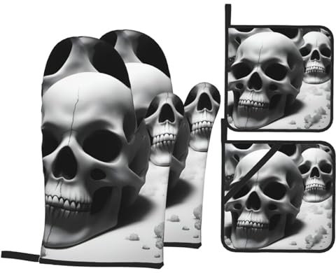 Set di 4 presine e presine con teschi bianchi e neri