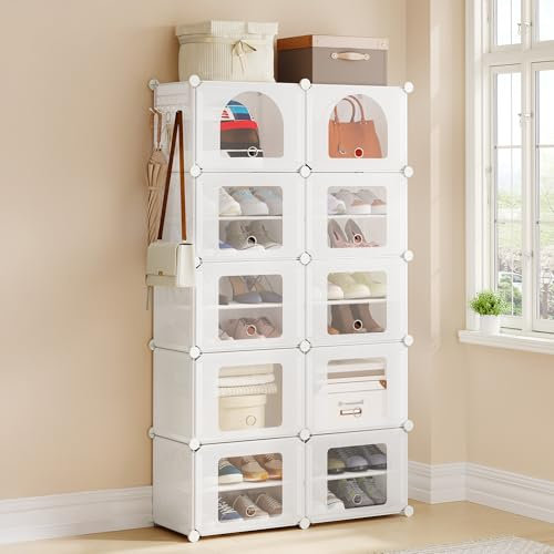Hzuaneri Schuhregal, Schuhschrank mit 10 Fächern und Haken, 40 Paar Schuhe, 30 x 40 x 30 cm Großes Fach, Kunststoff-Schuhregal für Flur, Schlafzimmer, Weiß SR51999WT