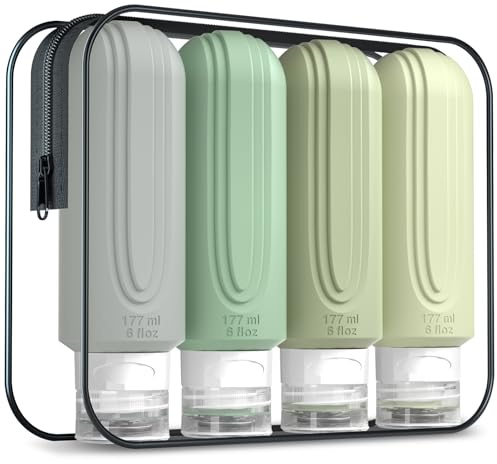 Mrsdry Set of 4 Travel Bottles for Toiletries, Large Oversized 170g Containers, BPA-Free, Leak-Proof, Refillable, Liquid Travel Accessories with Toiletry Bag