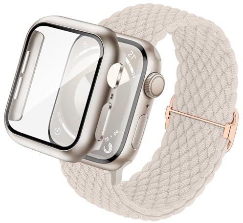Raradev 3-in-1 Compatibile per Cinturini Apple Watch 45mm con Custodia e Proteggi Schermo, molla elastica tessuta e coperchio protettivo con vetro temperato 9H per iWatch Serie 9 8 7, Galassia